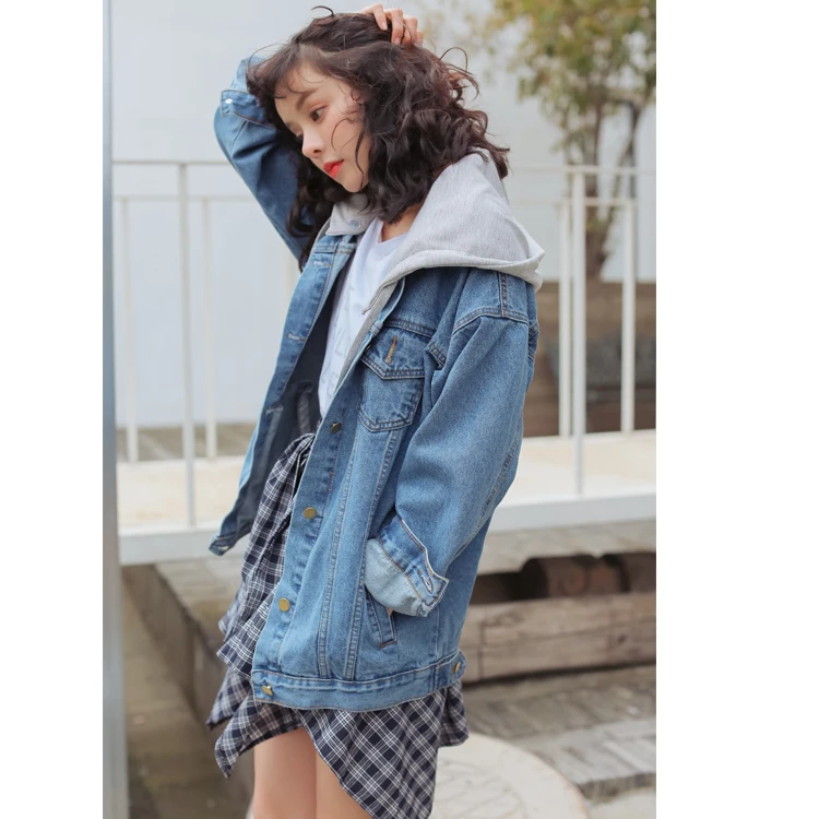 

2018 Womens jeans jackets with hooded detachable loose student bf denim clothing long denim garment plus size XXL