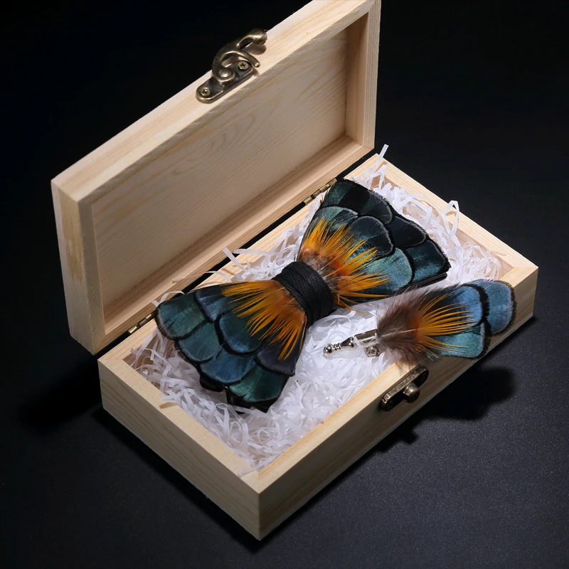 JEMYGINS оригинальная деревянная коробка желтый синий зеленый перо ручная работа брошь для галстука-бабочки набор высокого качества галстук-бабочка для нежного мужского костюма