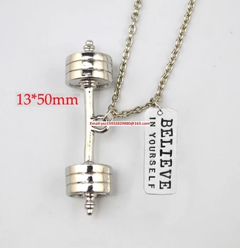 

New product Fitness Weightlifting jewelry 30pcs/lot Big Dumbbell barbell with Believe In Yourself sports Gym necklace