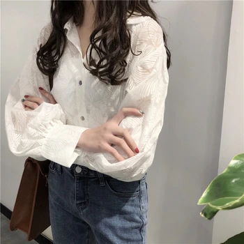 

Spring Women Long Sleeve Shirt Korean Hollow Out Leaf Print Women Tops and Blouses Turn Down Collar Blouse Elegant Ladies Shirts