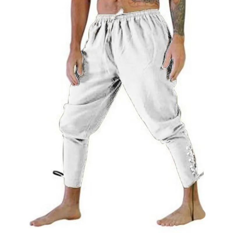 CYSINCOS Men Loose Pants Halloween Medieval Renaissance Pirate Horseman Cosplay Costume Leg Bandage Trouser - Color: white