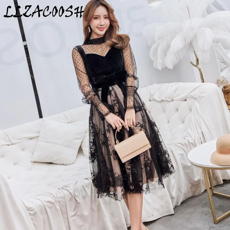 

Women Sweet 2 Piece Set Dress 2019 Spring Bow Spaghetti Strap mesh patchwork velvet Dress+flare Sleeve Mesh shirt Tops
