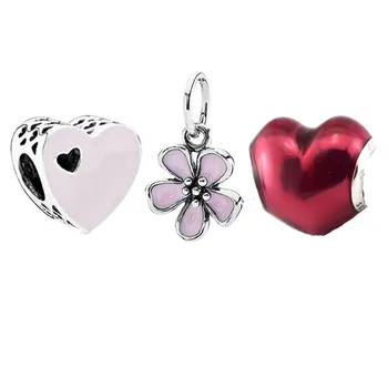 

3pcs Beads Fits Silver Charms Bracelets Original 100% 925 Sterling Silver Jewelry Enamel Flower & Heart Beads DIY Jewelry