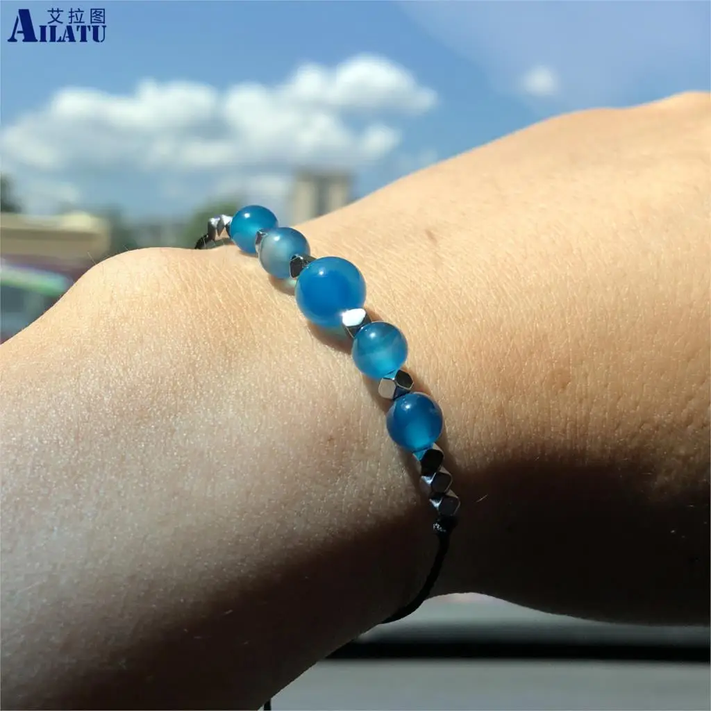 

Ailatu Simple Natural Stone Bracelet Blue Onyx Beads Macrame Jewelry Nice Gift