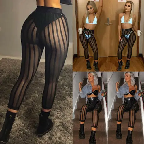 

UK Hot Ladies Women Mesh striped Sexy Leggings Casual Perspective Pants Trousers