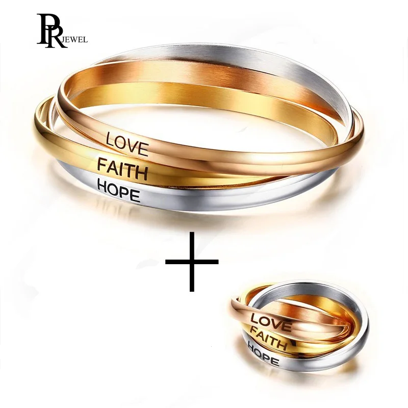 

New Triple Circles LOVE HOPE FAITH Jewelry Sets for Women Girl Ladies Party Femme Accessories Three Tones