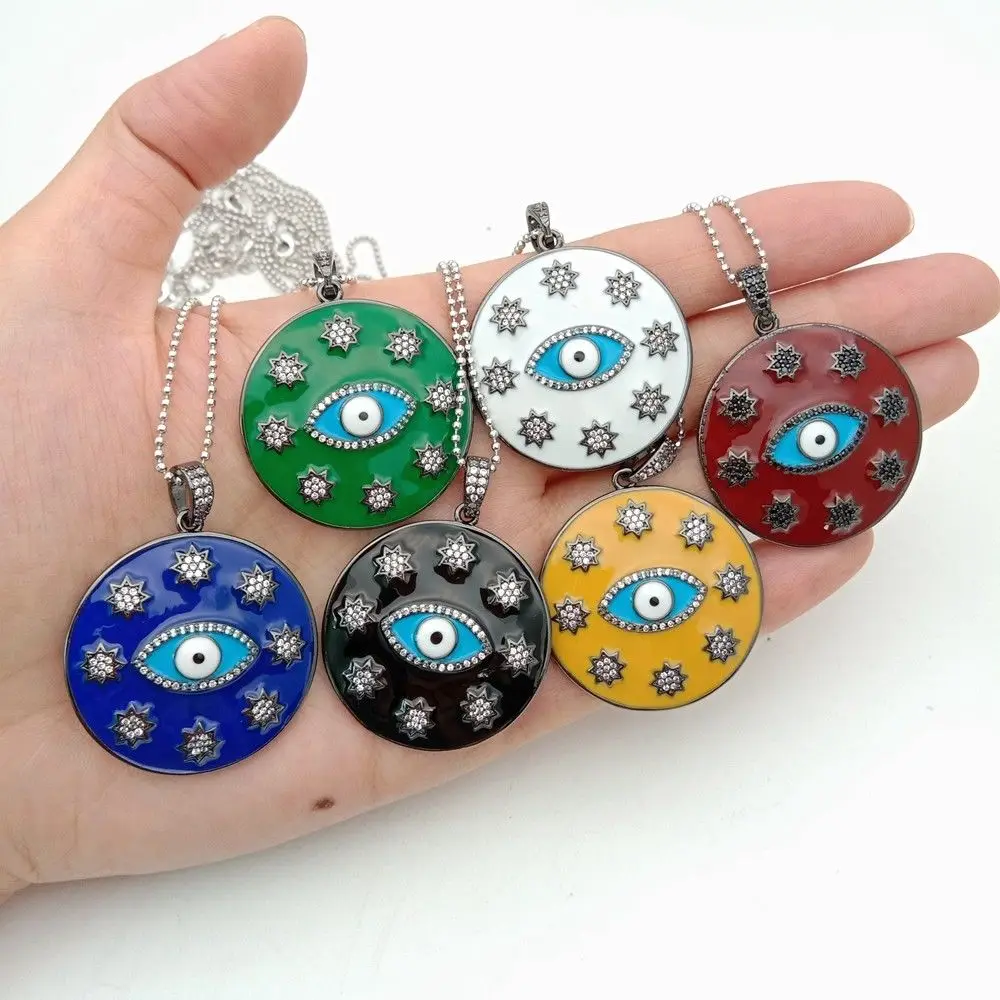 

35mm golden plated Cz micro Evil Eye circle pendant & chain necklace