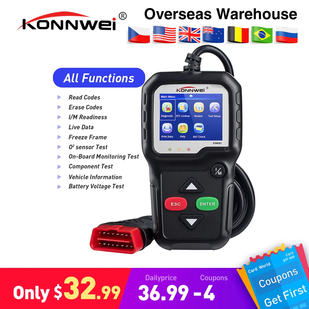 

Konnwei KW680 code reader scanner Multi-language full obd2 function kw 680 In Russian car diagnostic tool pk AD310 OM123