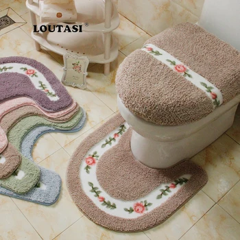 

LOUTASI 2Pcs Bathroom Mats Set U Shape Coral Velvet Soft Toilet Pattern Carpet Toilet lid Cover Bathroom Toilet Bath Mats Rugs