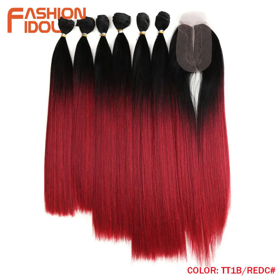 Модные прямые пучки волос IDOL с закрытием синтетические волосы Yaki Weft 16-20 дюймов 7 шт./упак. 250 г Омбре красные волосы ткачество пучки - Цвет: TT1B-REDC