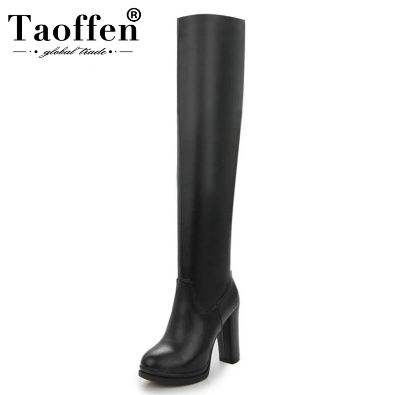 

TAOFFEN Size 34-43 Women High Heels Boots Women Winter Plush Fur High Quality Zipper Over The Knee Boots Shoes Women Footwear