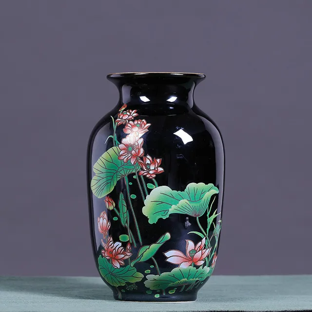 Classical Chinese Style Colored Glaze Lotus Black Vase Ceramic Flower