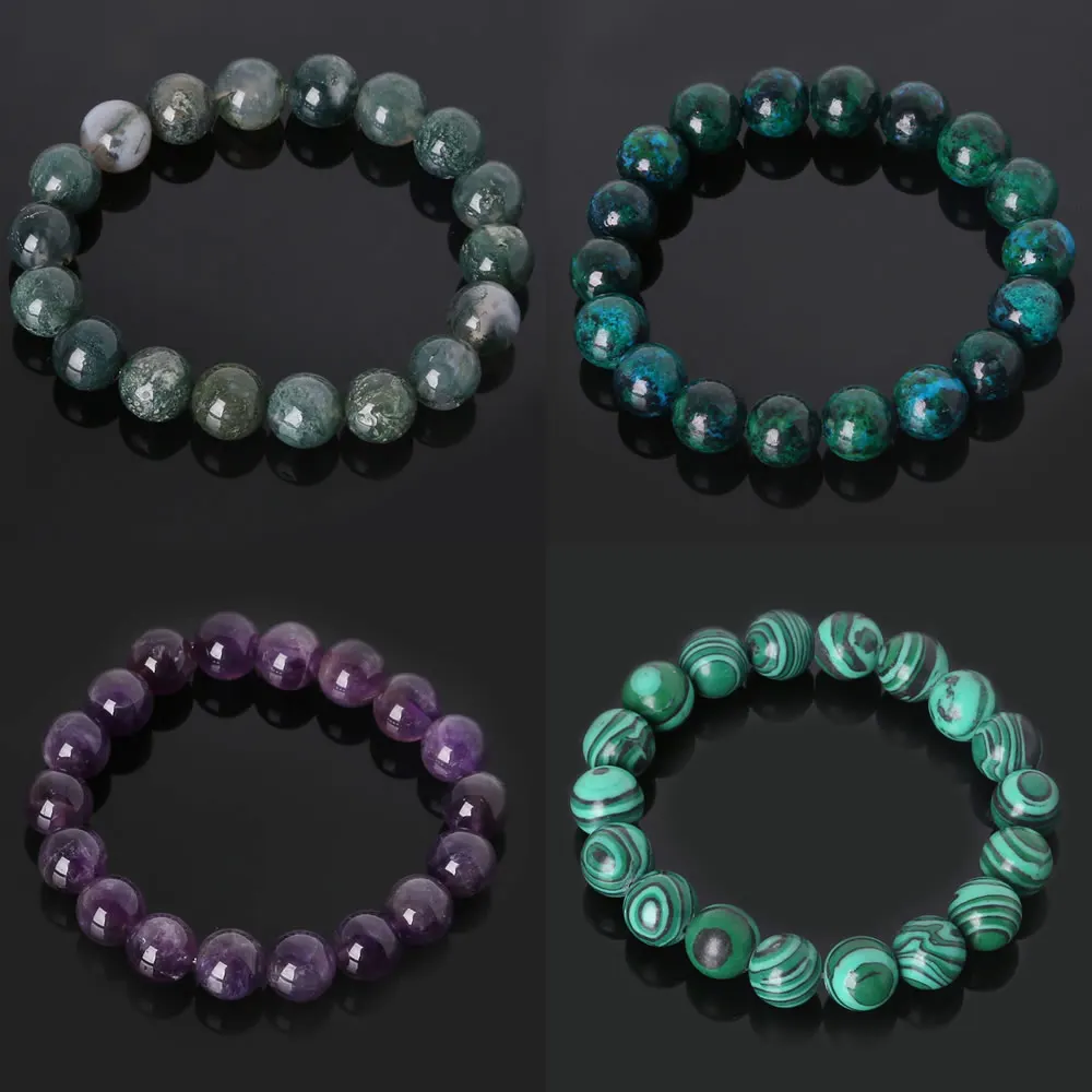 

YYW Natural Stone Bracelets 6/8/10mm Round Beaded Amethysts Quartz Malachite Lapis Lazuli Rainbow Rose Stone Wristband Bracelets