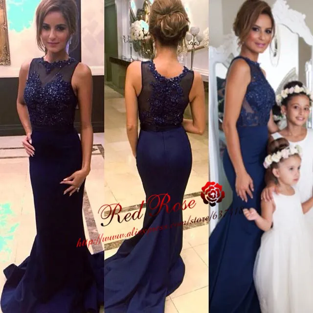 

Gorgeous Navy Blue Mermaid Long Evening Dress Prom Dress with Sequins and Crystals and Sexy Illusion Neck