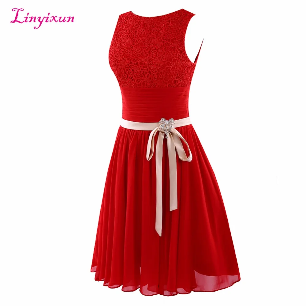 Linyixun реальное красное фото короткое платье для выпускного вечера с поясом Совок Vestido de festa длиной до колена без рукавов мантия для выпускного вечера