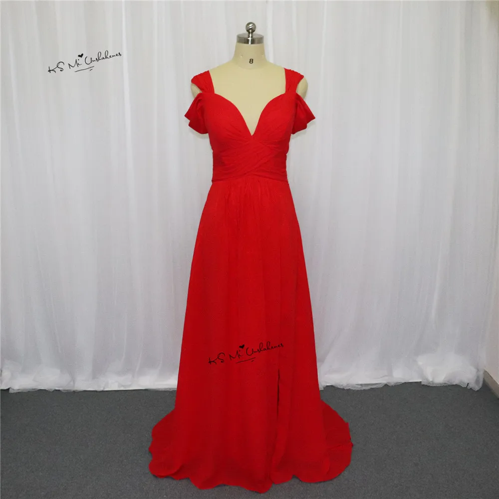 Красный Vestido Para Madrinha Красные Длинные платья подружек невесты Дешевые Свадебные вечерние платья для гостей Сплит боковая шифоновая плиссированная на заказ - Цвет: Красный