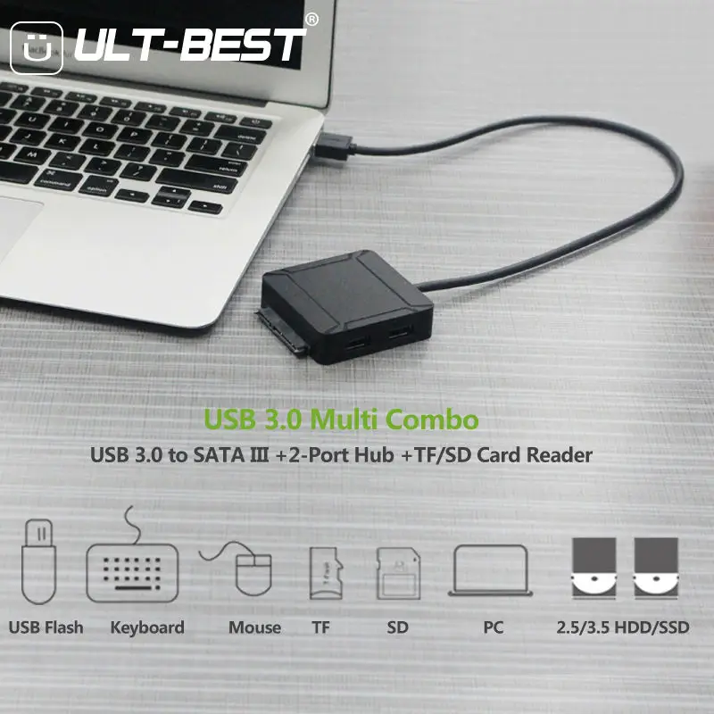 USB 3,0 на SATA III жесткий диск Кабель-адаптер Поддержка UASP для 2,5 3,5 дюймов SSD HDD с 2- порты и разъёмы USB 3,0 и SD/TF Card Reader