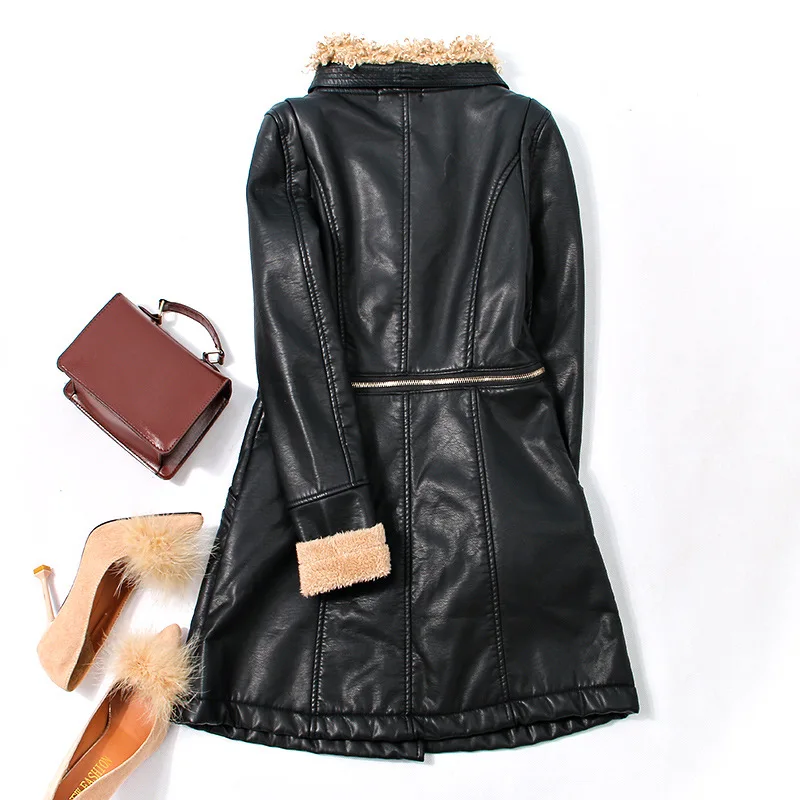 Leather Jacket Women Black Real Fur Thick Windproof Warm Lamb Cashmere Plus Size Long Women Parka Winter Leather Jacket Coat