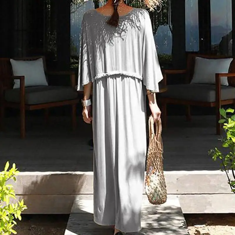 S-5XL Celmia Women Summer Long Dress V neck Beach Sundress Sleeve Drawstring Casual Solid Loose Vestidos Robe Femme