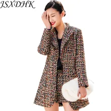 JSXDHK, роскошный осенне-зимний костюм из 2 частей, Модный женский клетчатый твидовый плотный теплый блейзер с отложным воротником, пальто+ короткие костюмы
