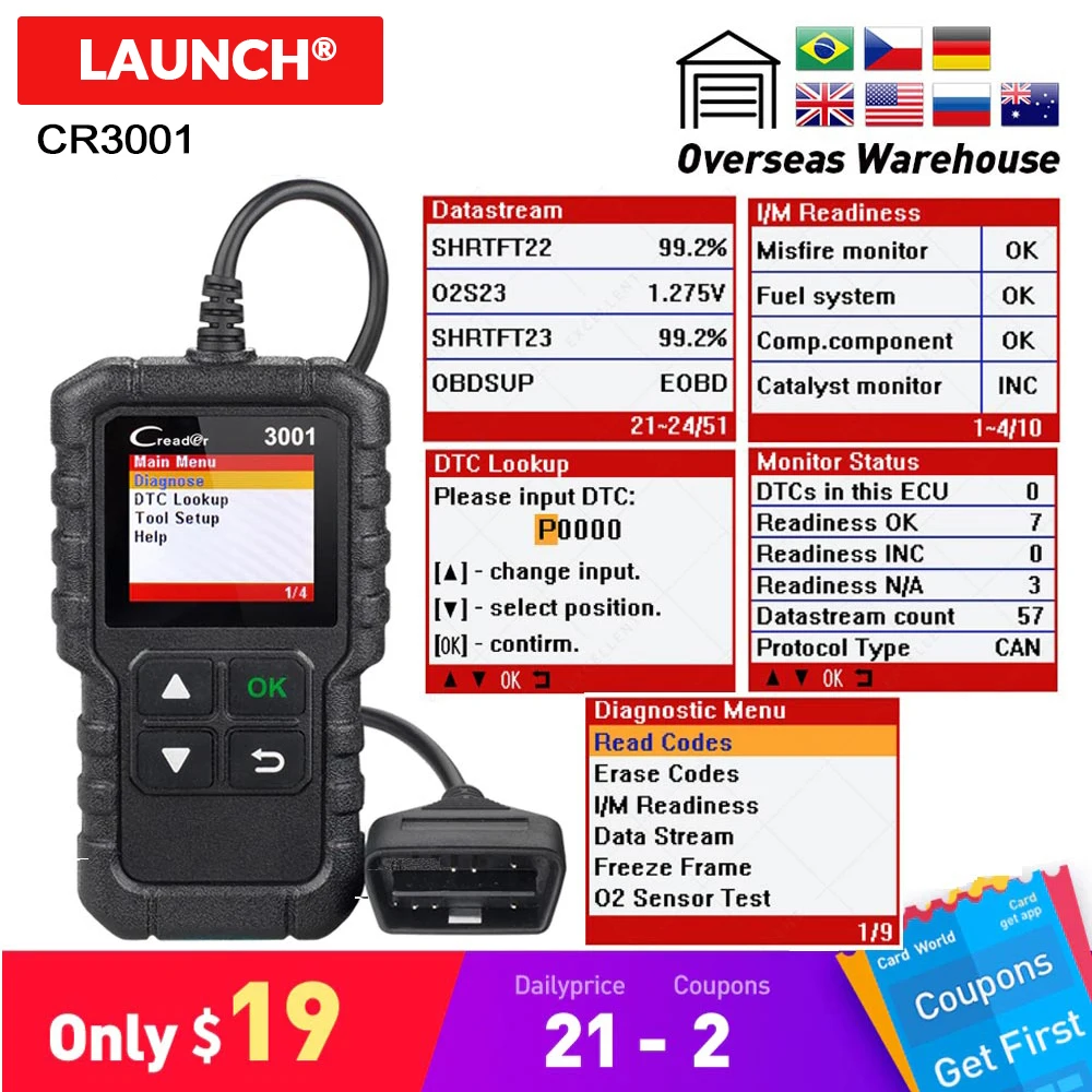 Автосканер LAUNCH X431 CR3001 OBD2 диагностический инструмент на русском языке