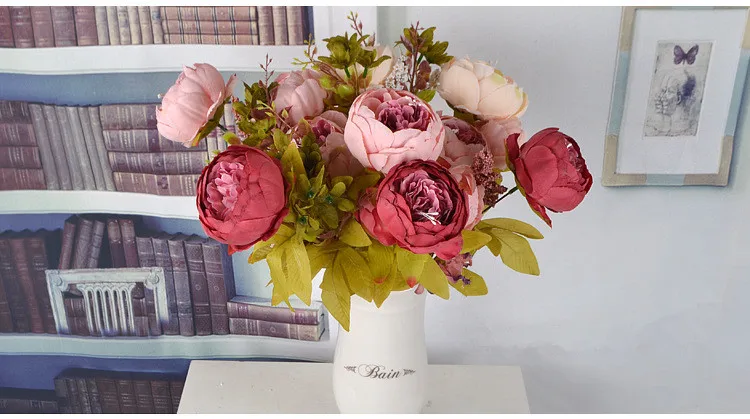 Flone European Artificial Peony Flower Bouquet Simulation Silk Flower Fake Peony Wedding Home Party Decor Arrangement Floral (2)