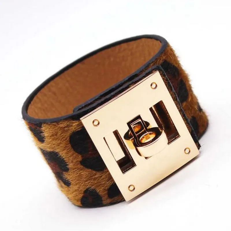 Rainbery Лидер продаж модный кожаный браслет из конского волоса леопардовая широкая магнитная пряжка с принтом для женщин подарок JB0557 - Окраска металла: JB0557 dark brown