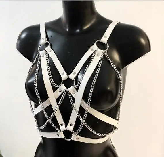 

NEW 100% Handcrafted Heavy Duty Metal Chain Link Leather Bra Harness Chest Top Bralett Bondage Bottom Waist Belts