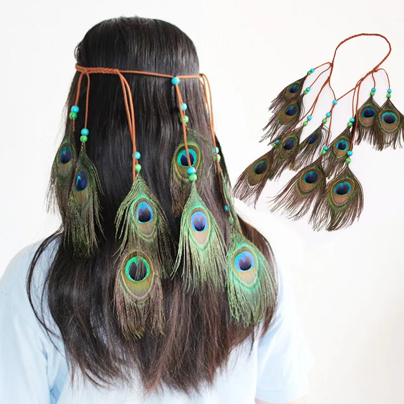 Богемный стиль индийская повязка на голову с перьями резинка для волос на голове Племенной хиппи ручной работы аксессуары для волос для женщин 23