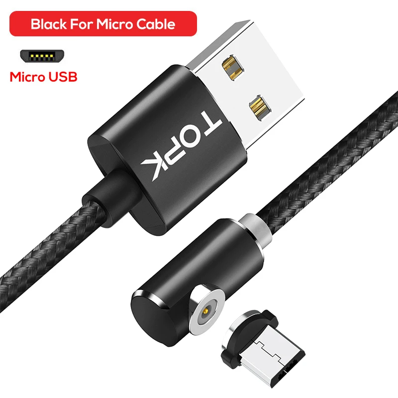 TOPK Micro USB кабель 90 градусов Магнитный кабель 2.4a Быстрая зарядка для samsung Micro USB кабель для Xiaomi note 4 huawei смартфон - Цвет: Black