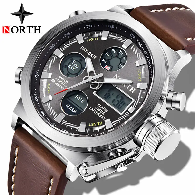 NORTH часы мужские модные мужские s часы лучший бренд класса люкс кварцевые часы мужские кожаные цифровые водонепроницаемые спортивные военные наручные часы - Цвет: Brown Silver Black