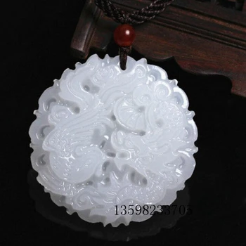 

Natural Carved Healing Crystal Stone White Jade Dragon Phoenix Pendant Necklace Fashion Peacock Pendant Necklace Women Jewelry
