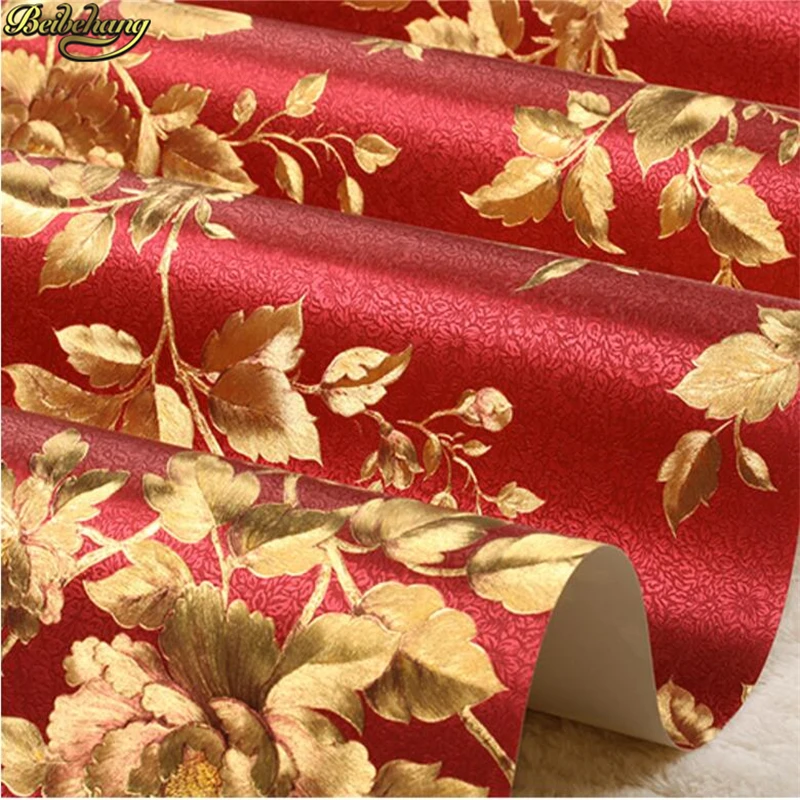 beibehang Waterproof Gold Foil American Pastoral Flower Wallpaper Golden Silver Bedroom Living Room TV Background Wall