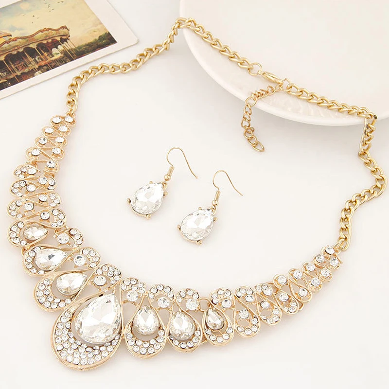 

1 Set Charm Women's Jewelry Statement Choker Necklace Drop Earrings Rhinestone Hook Bib Jewelry Set For Women Wedding Bijoux