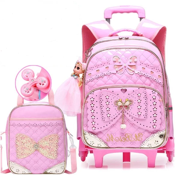 

Kids girls Trolley Schoolbag set Luggage Wheeled Book Bags Backpack Latest Removable Children School Bags With 2/6 Wheels Stairs
