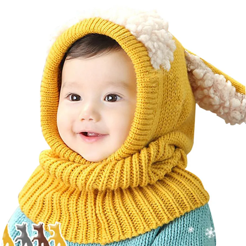 4 цвета, детские зимние шапки для малышей, детей, зимняя теплая шапочка-бини, шарф с капюшоном, вязаная шапка с ушками, милая детская шапка с рисунком, комплект с шарфом - Цвет: Хаки