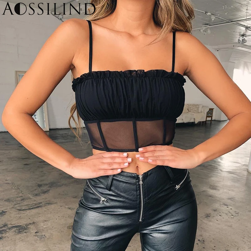 

AOSSILIND Mesh Patchwork Strap Pleated Sexy Crop Top Women Summer 2019 Sleeveless Tank Top Ladies Slim Beach Casual Camisole