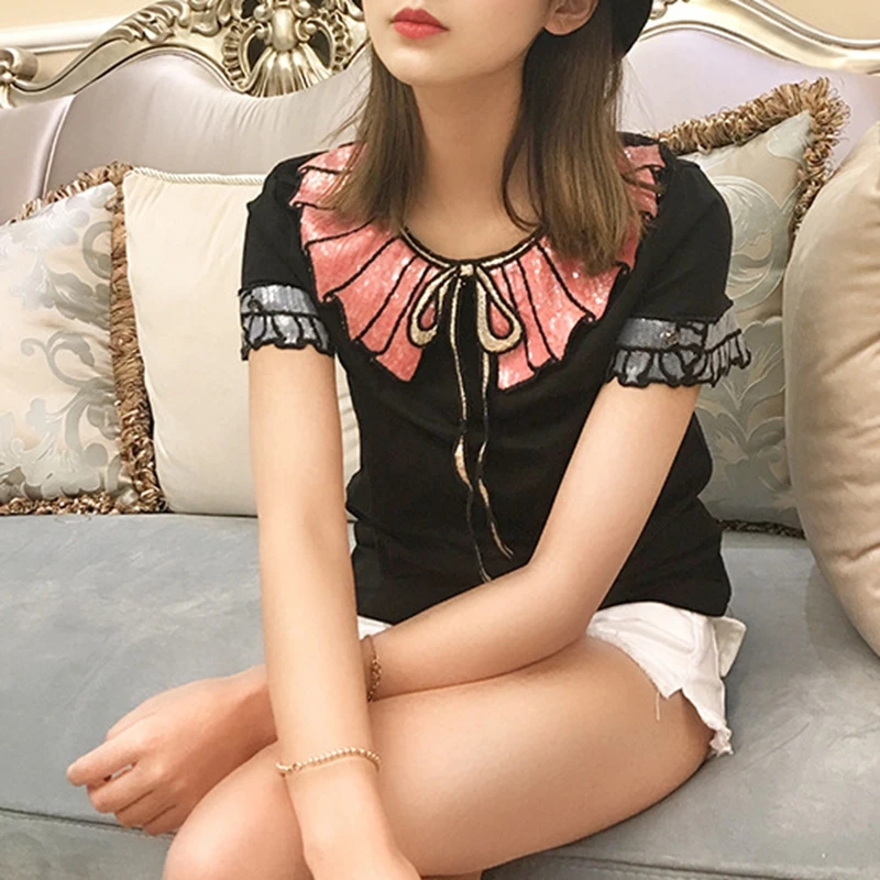 

Summer Short Sleeve Black Tshirt Ladies Vintage Sequin Tops