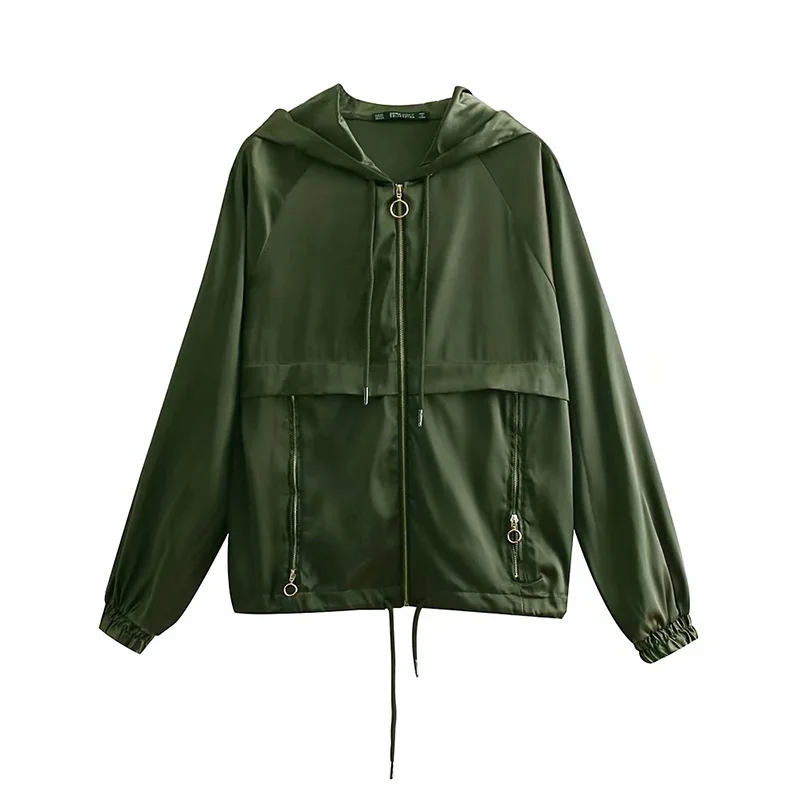 

Tide Fashion Women Thin Spring Female Solid Coat Jacket Pocket Zipper Windbreaker Long Sleeve Female Outerwear with Hat