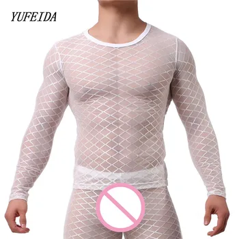

2017 Sexy Men Undershirt Underwear Grid Long Sleeves Mesh Transparent Sleepwear Nightwear Sexy Mesh Underwear Undershirt