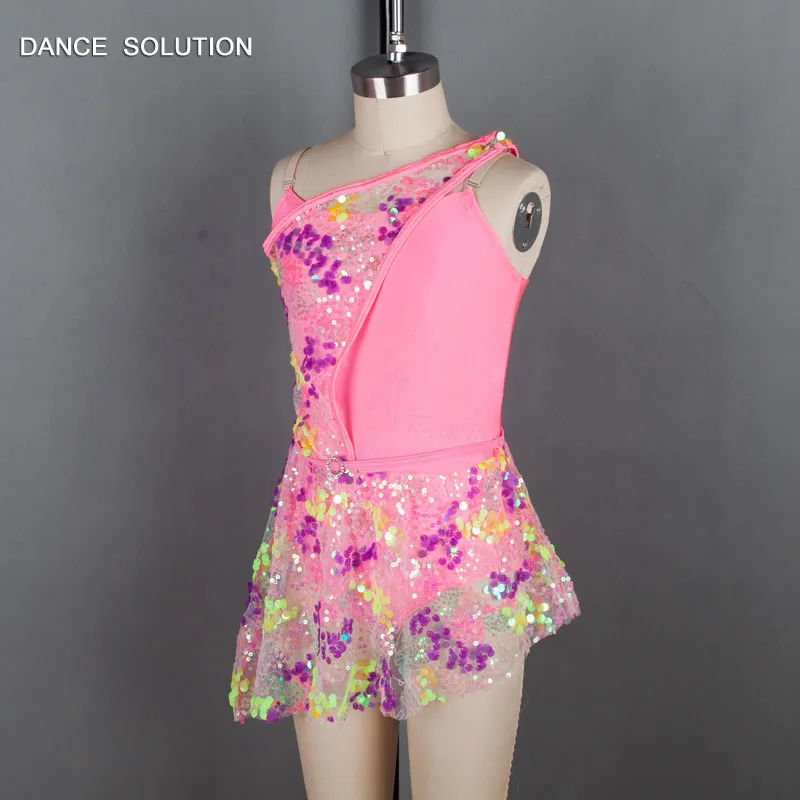 Ярко-розовое Сверкающее платье из спандекса лиф с блестками сетчатые юбки для девочек джаз хип хоп танцевальные костюмы для выступлений 18501