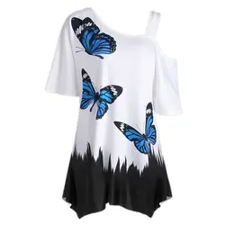 Летняя стильная женская обувь плюс Размеры косой плеча футболка с принтом бабочки на топы с короткими рукавами Для женщин Футболки T8
