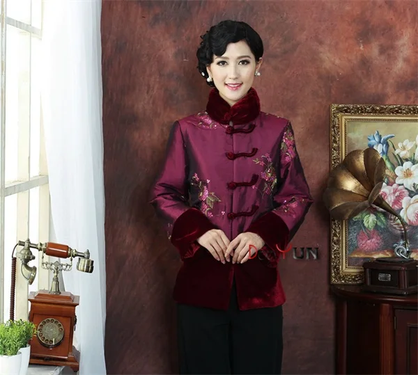 Скидка фиолетовая Китайская традиционная Женская Стеганая куртка с длинными рукавами для среднего возраста вышивка костюм Тан верхняя рука L XL XXL 3XL 4XL - Цвет: Фиолетовый