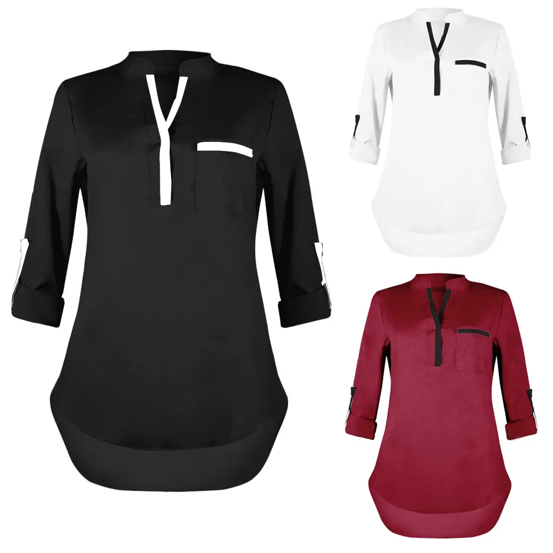 

Women Casual Autumn Winter V-Neck Pocket Fshion Long Sleeve Tunics Shirt Blouses Tops Gift