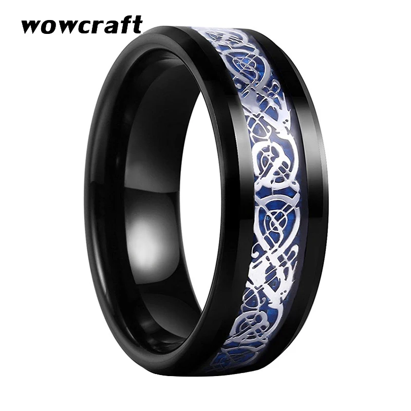 

8mm Unisex Black Tungsten Carbide Ring with Silver Dragon Blue Rings Carbon Fiber Inlay Polished Shiny Beveled Design