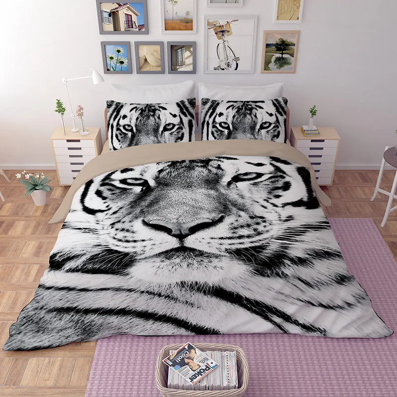 3PCS White Tiger 3D Printing Bedding Sets Twin Full Queen King Size