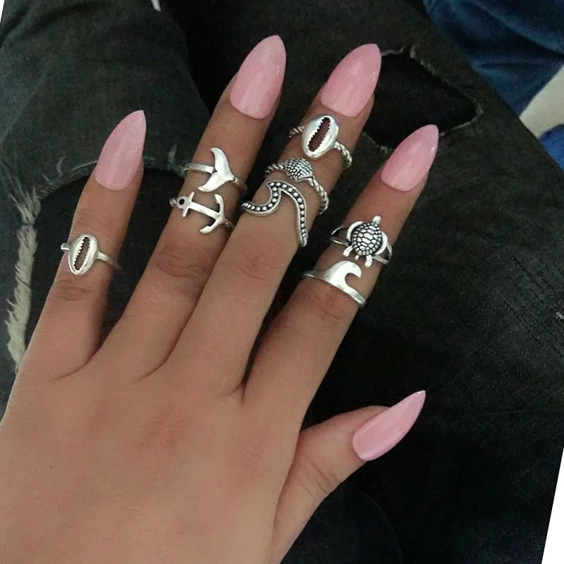 

8pcs/set Vintage Antique Silver Ocean Style Anchor Rings Set Ethnic Carved Rings Set Knuckle Finger Midi Ring for Women Jewelry