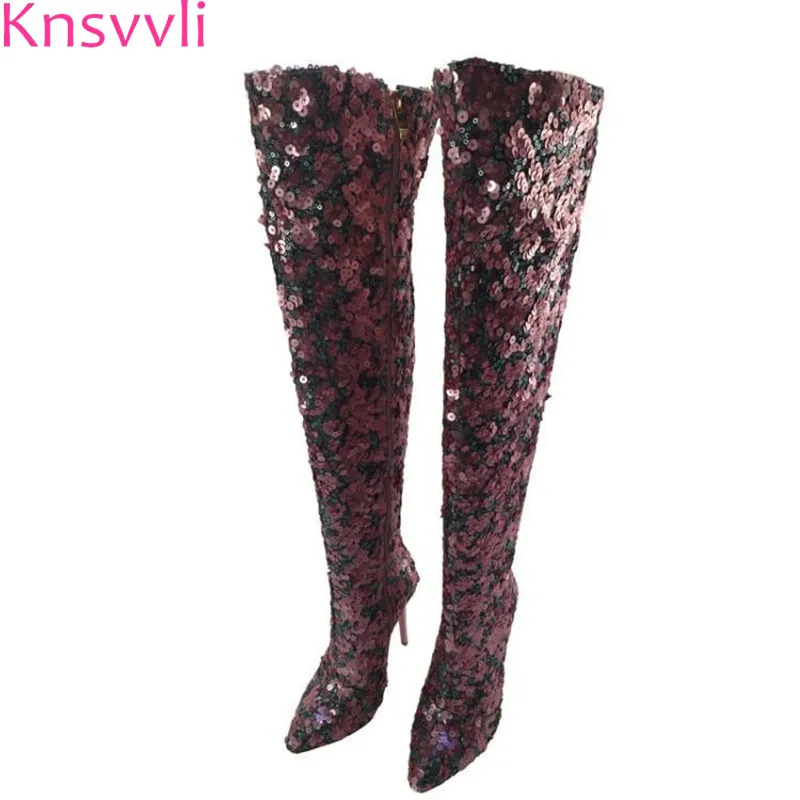 

Knsvvli new sequins high heels 12 cm botas feminine point toe stiletto fashion boots women bling bling knee high boots woman
