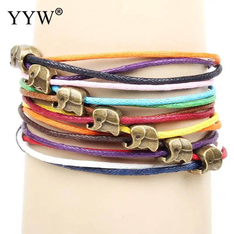

Women Linen Bracelet with Zinc Alloy with rainbow rope Bracelet multilayer cute Elephant Handmade Charms Bracelet