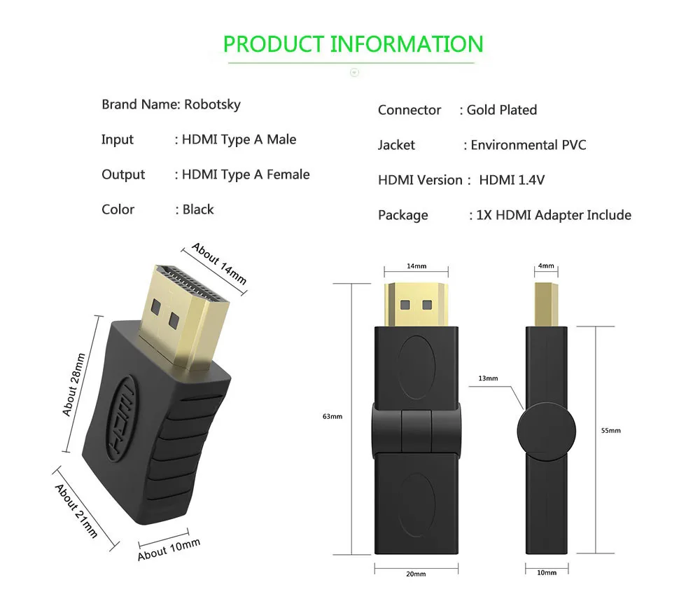 Robotsky HDMI Мужской к HDMI Женский кабель адаптер конвертер под прямым углом 180 градусов вращающийся удлинитель для 3D 1080P HDTV xbox PS3 DVD